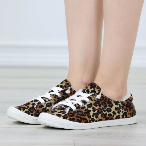 Leopard Women's Flat Sneakers Suede Lace Up Round Toe Warm Knit Lining - Picture 5 of 13